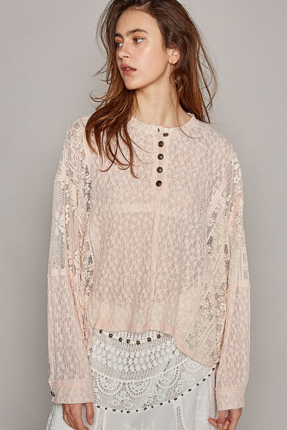 Round Neck Long Sleeve Raw Edge Lace Top