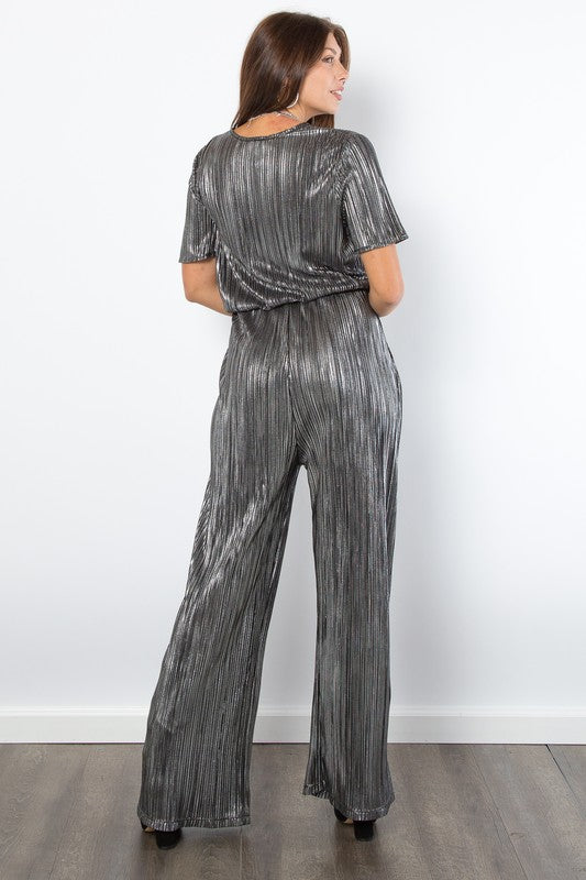 Surplice Short Sleeve Pleated Foil Jumpsuit