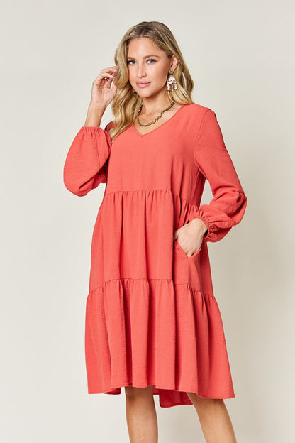 V-Neck Balloon Sleeve Tiered Dress