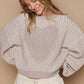 POL Round Neck Heart Patch Zipper Point Sleeve Sweater