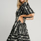 Ribbon Print Frill Contrast Velvet Trim Half Sleeve Dress