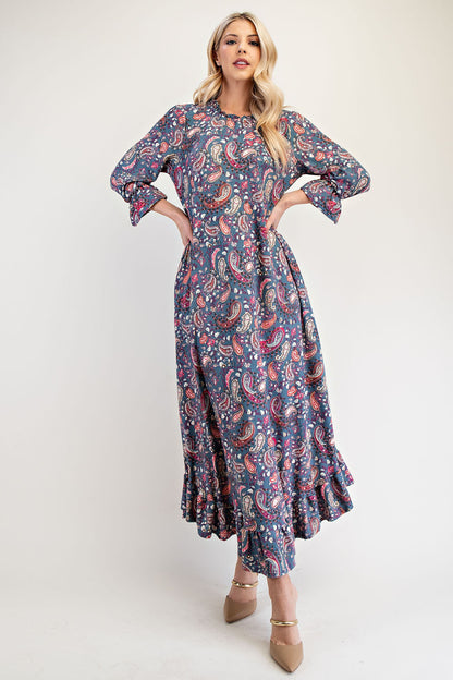 Ruffle Hem Paisley Round Neck Dress