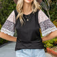 Leopard Lace Trim Ribbed Round Neck Top