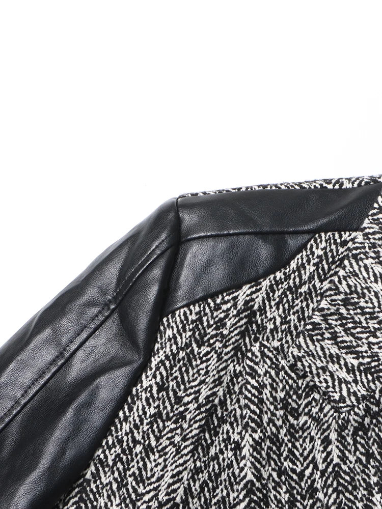 Contrast PU Leather Spliced Long Sleeve Coat