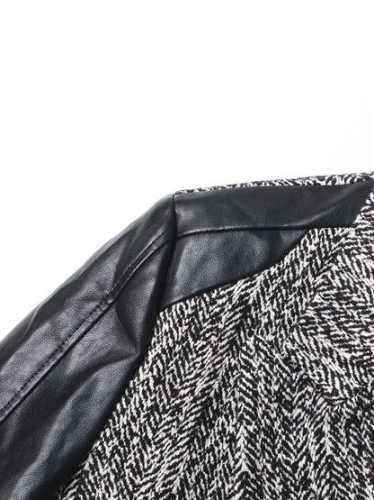 Contrast PU Leather Spliced Long Sleeve Coat