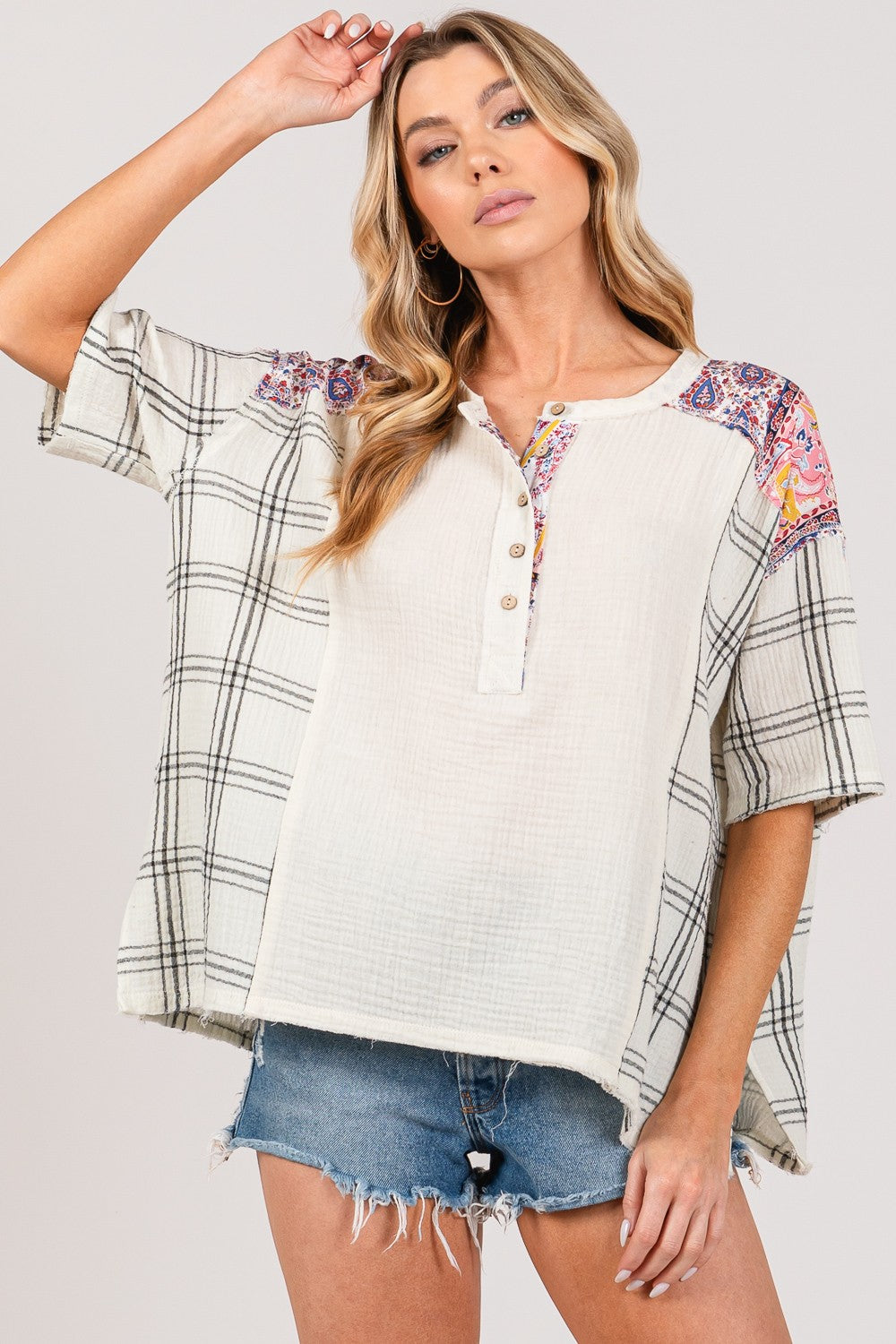 Plaid Half Button Gauze Top