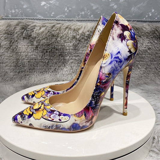 Glossy Painted Flowers Print Pointed Toe Stiletto Pumps