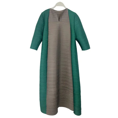 Miyake Pleated Contrast Splice Midi Dress