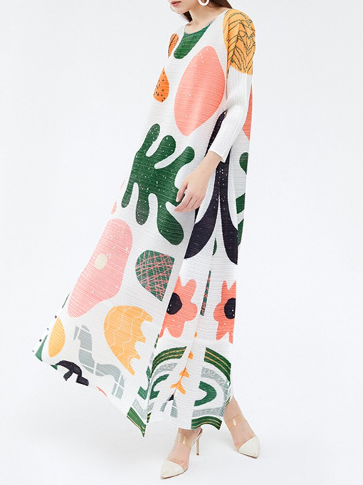 Miyake Pleated Floral Short Sleeve Maxi Dress
