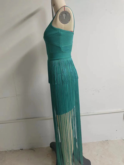 Tassel Fringe Sleeveless V-Neck Bandage Dress