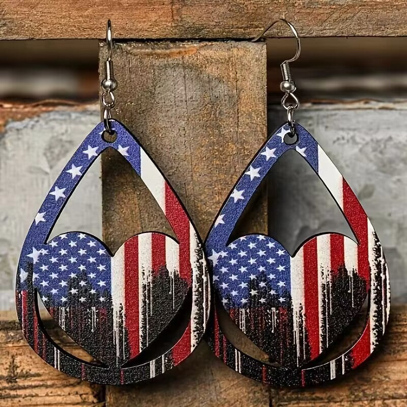 US Flag Pattern Wooden Earrings
