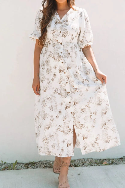 Printed Button Front Puff Sleeve Dress