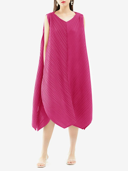 Miyake Pleated Irregular Hem Sleeveless Midi Dress