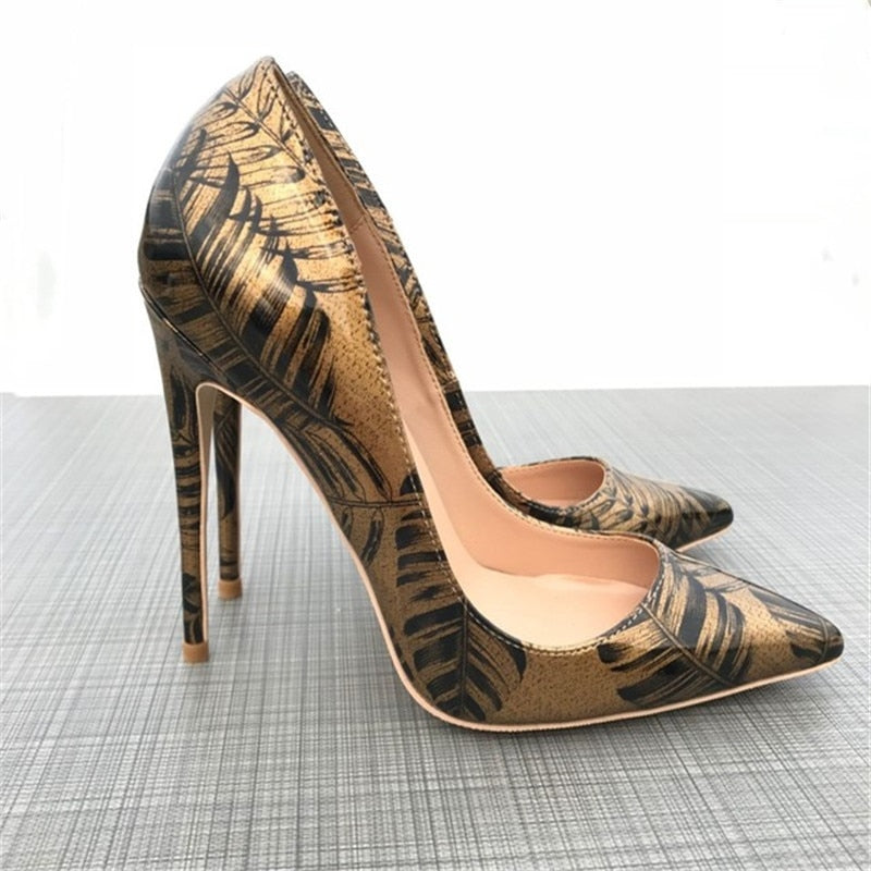 Gold Leaf Printed Pointed Toe Stiletto Pumps