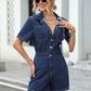 Collared Neck Short Sleeve Denim Romper with Pockets