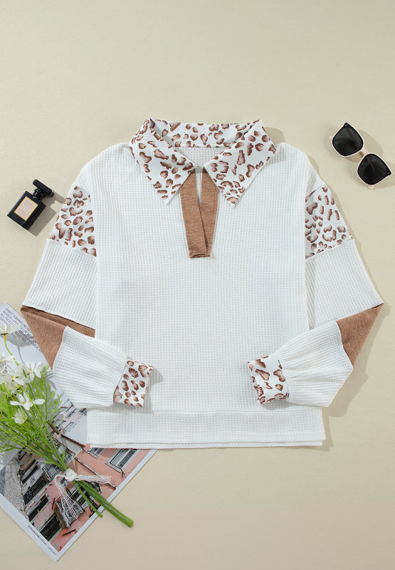 Waffle-Knit Leopard Johnny Collar Long Sleeve Top