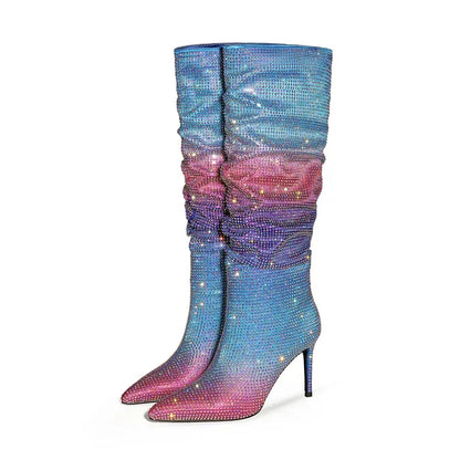 Gradient Rhinestone Pleated Knee-High Boots