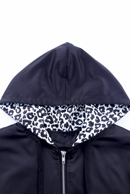 Leopard Color Block Zip-Up Hooded Jacket