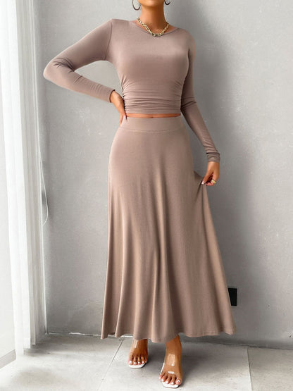 Round Neck Long Sleeve Top and Skirt Set