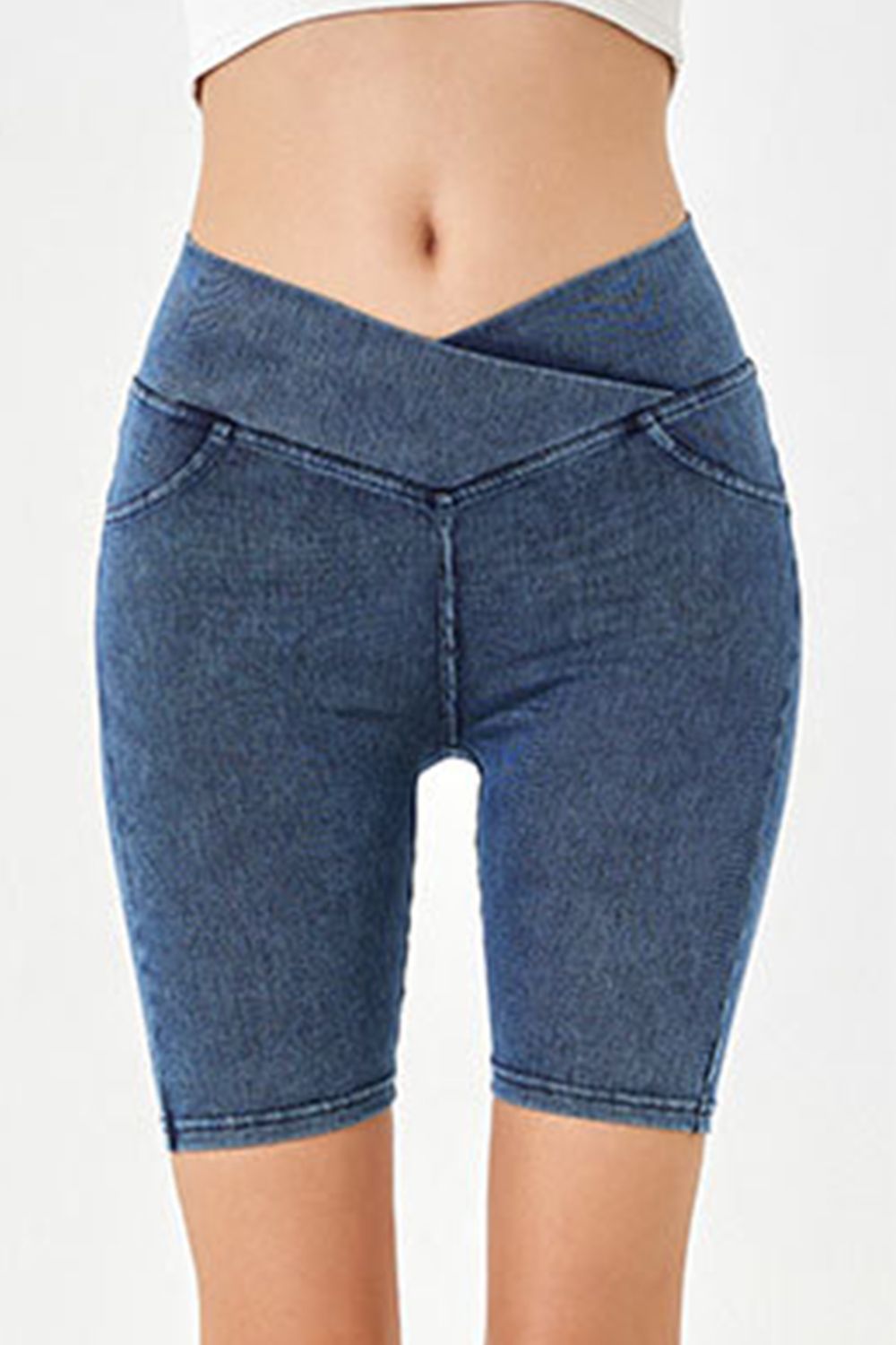 Asymmetrical Waist Denim Shorts with Pockets