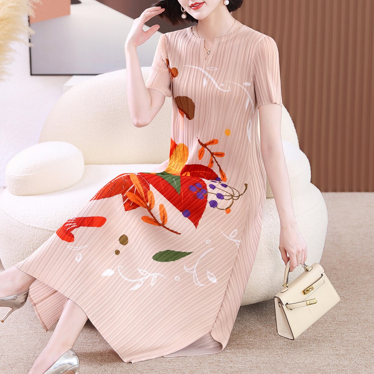 Miyake Pleated Printed Short-Sleeved Midi Dress