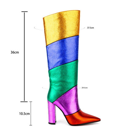 Multicolor Pointed Toe Chunky Heel Knee High Boots