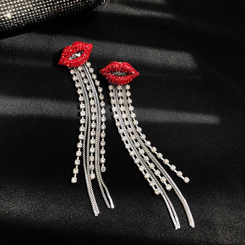 Shiny Red Lips Crystal Tassel Dangle Earrings