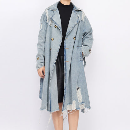 Double-Breasted Hollow Out Denim Trench Coat