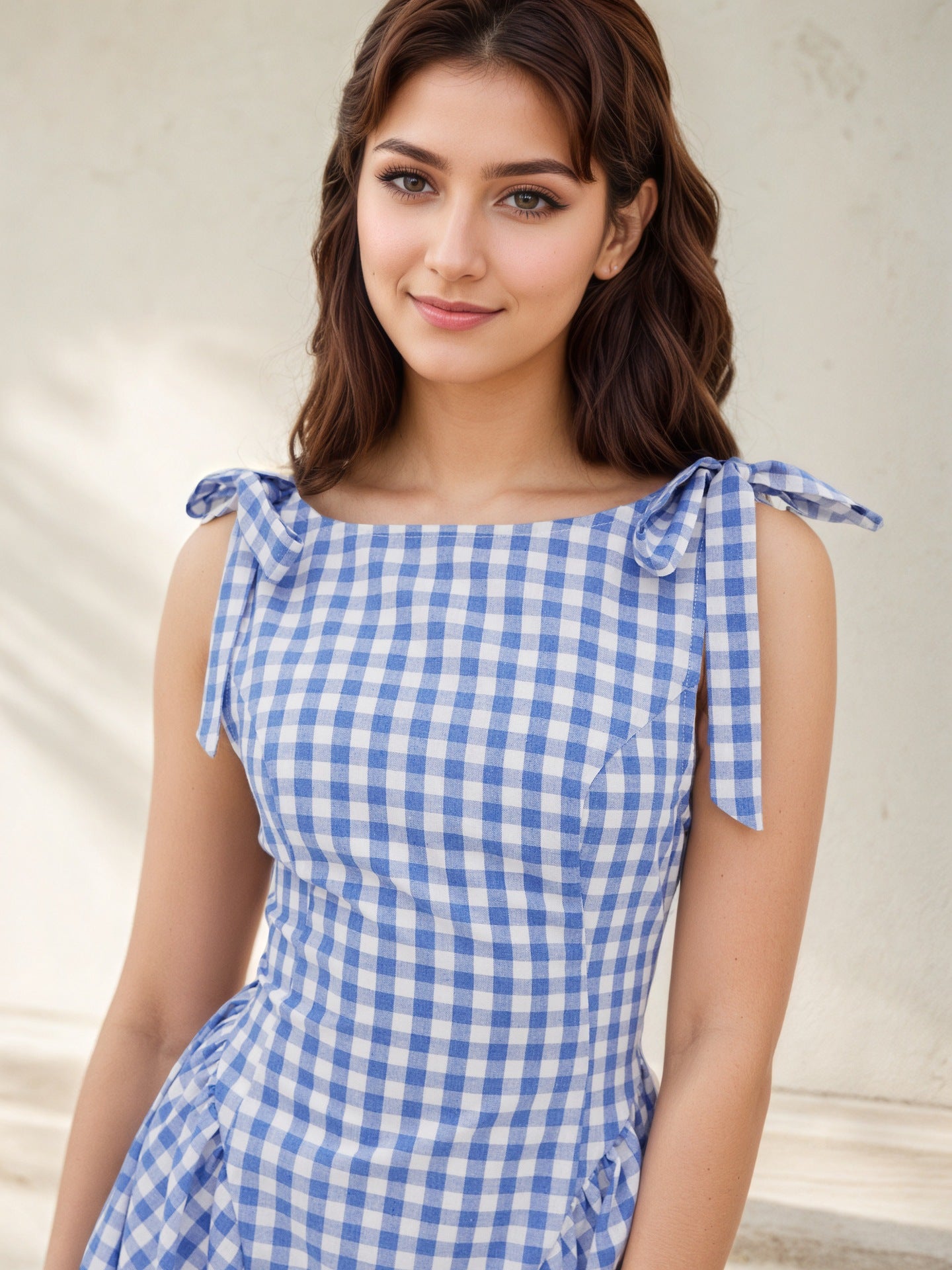 Checkered Tie Shoulder Mini Dress