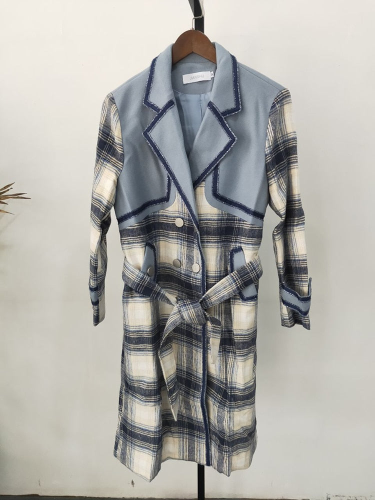 Plaid Spliced Double-Breasted Trench Coat with Belt
