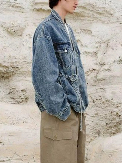 Washed Tied Long Sleeve Denim Jacket