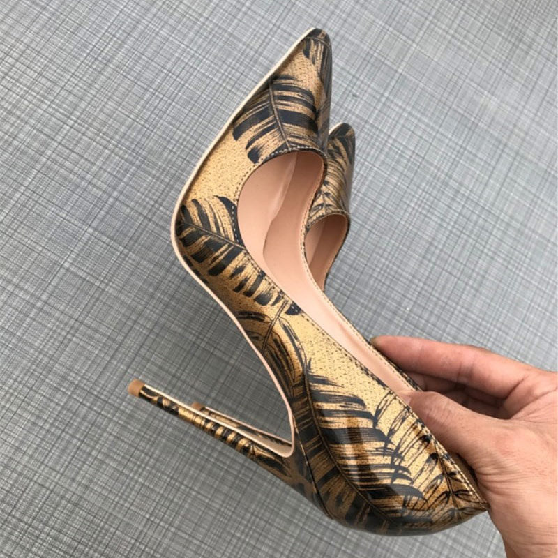 Gold Leaf Printed Pointed Toe Stiletto Pumps