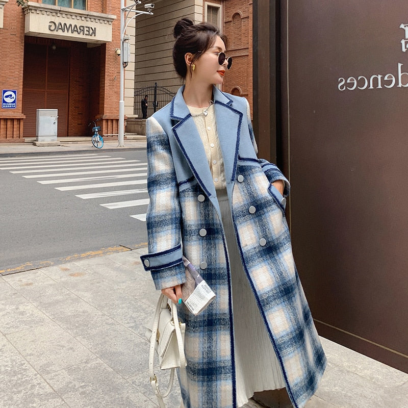 Plaid Spliced Double-Breasted Trench Coat with Belt