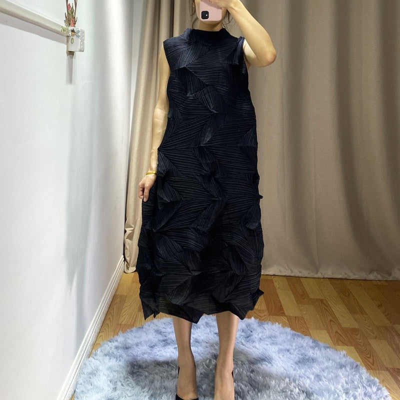 Miyake Pleated Stand Collar Sleeveless Midi Dress