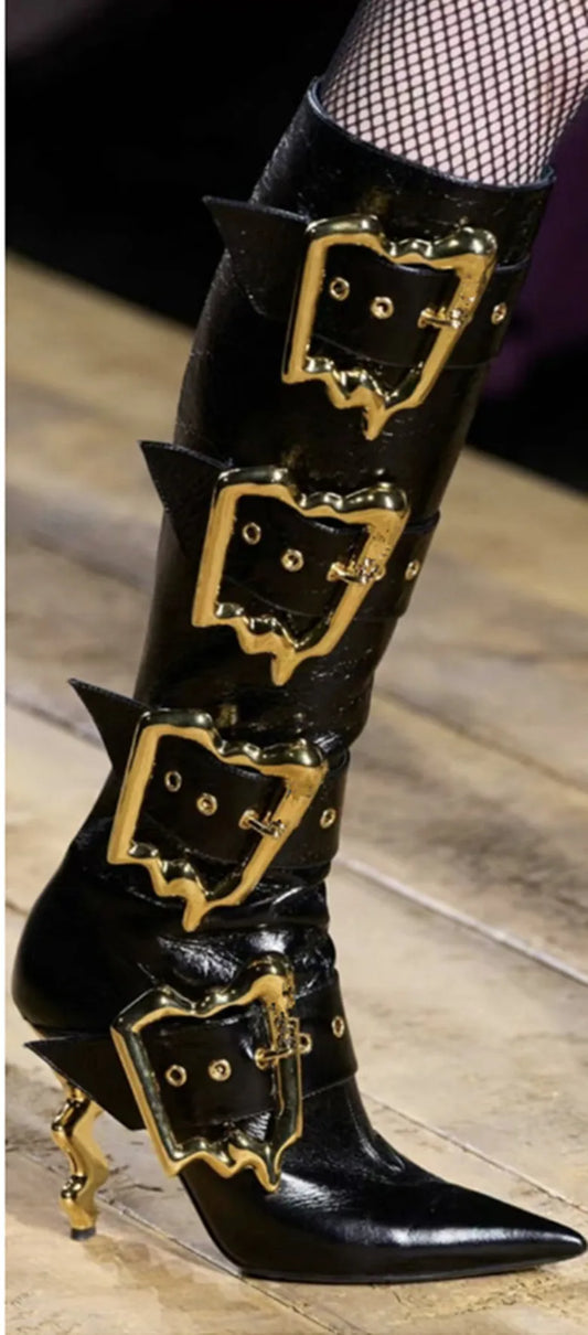 Belt Buckle Pointed Toe Knee-Length Boots