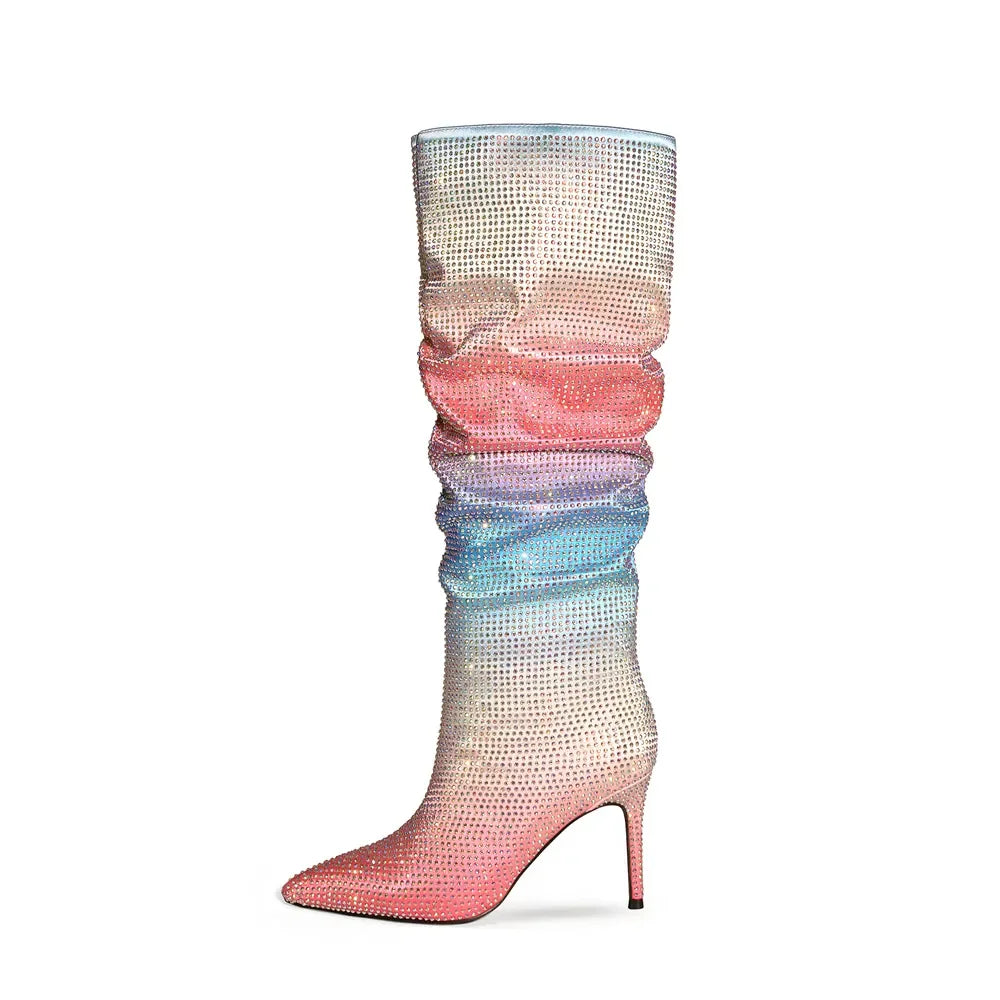 Gradient Rhinestone Pleated Knee-High Boots