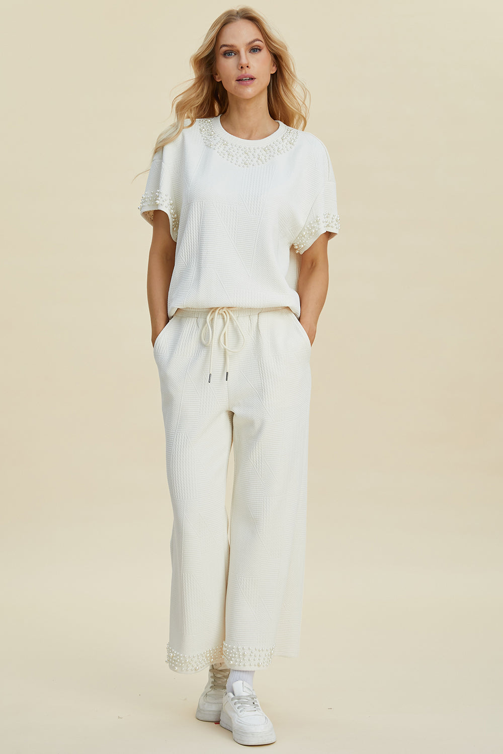 Pearl Detail Round Neck Top and Pants Set