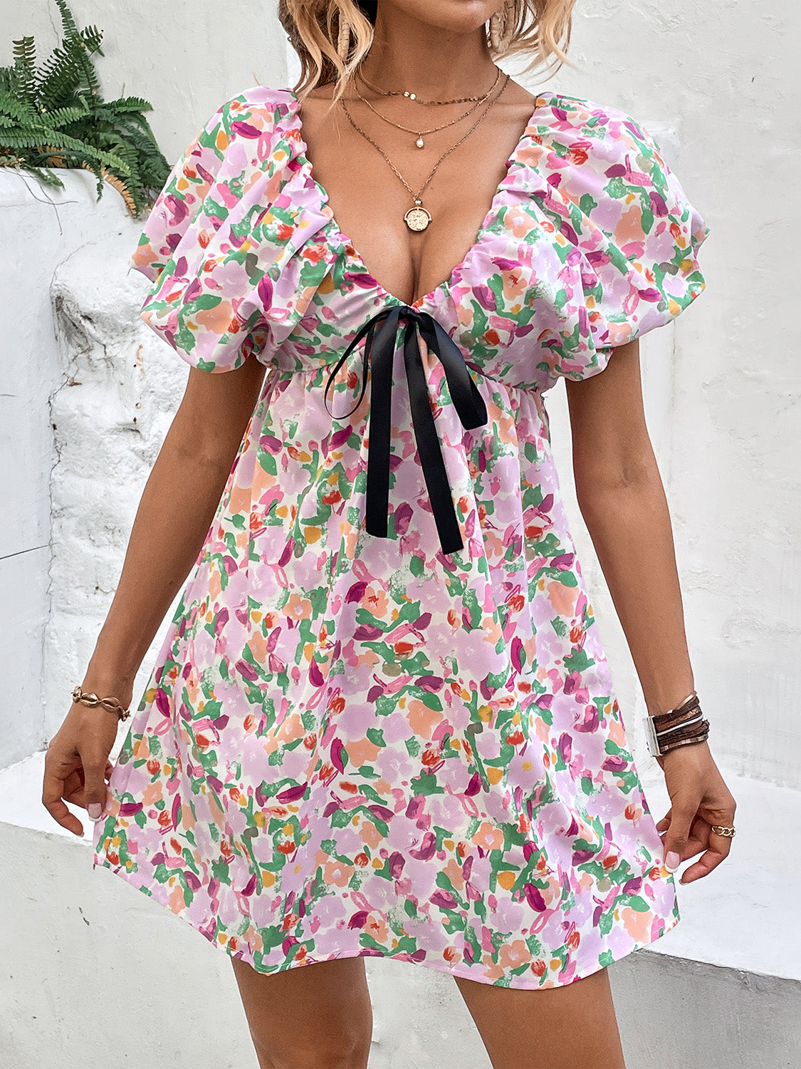 Printed V-Neck Puff Sleeve Mini Dress