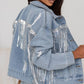 Sequin Fringe Trim Distressed Button Up Denim Jacket