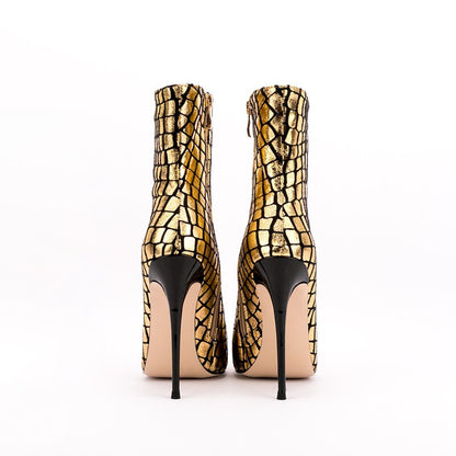 Shiny Checkered Pointed Toe High Heels Ankle-Boots