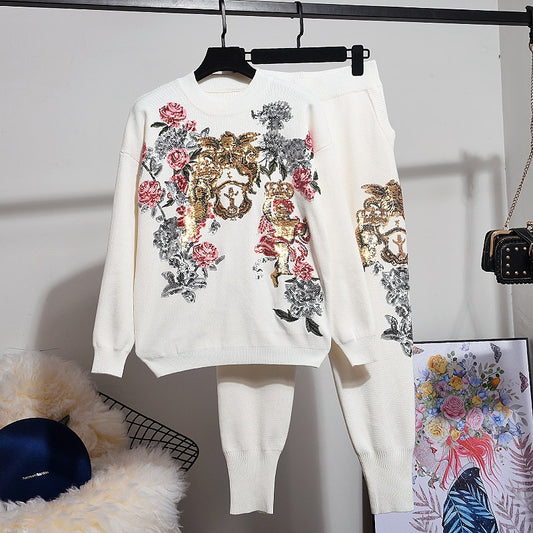 Floral Sequin Embroidery Sweater & Pants Set