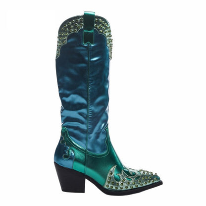 Crystal Embellished Patchwork Western Boots