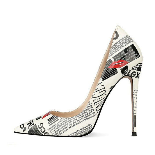 Letter Print Pointed Toe Stiletto Heels Shoes