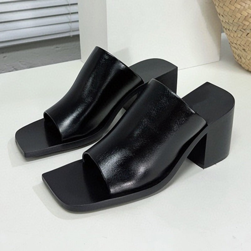 Leather Open Toe Block Heel Mule Sandals