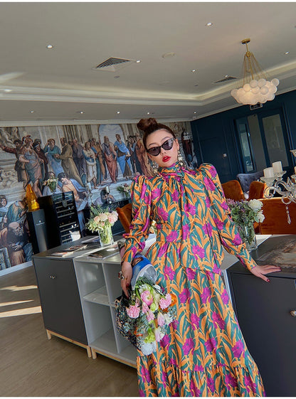 Floral Tie-Waist Lantern Sleeve Lace-Up Dress