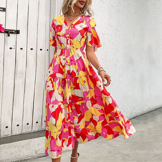 Printed Tiered V-Neck Midi Dress