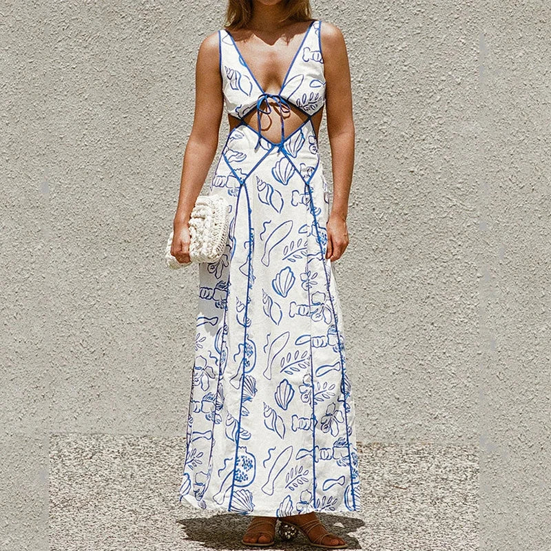 Printed Hollow Out Sleeveless Maxi Dress
