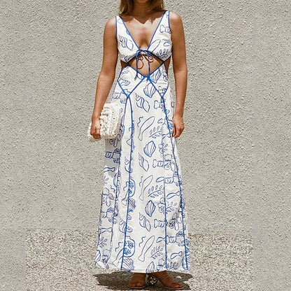 Printed Hollow Out Sleeveless Maxi Dress