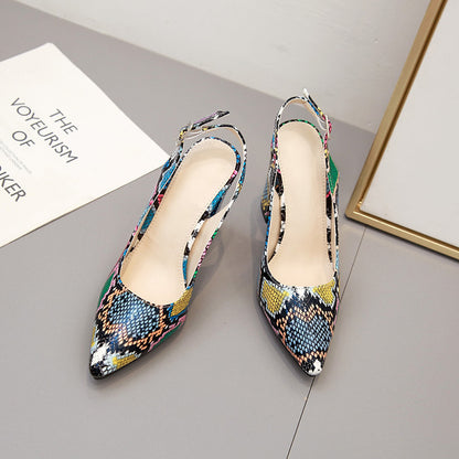 Snakeskin Print Pointed Toe Block Heel Shoes