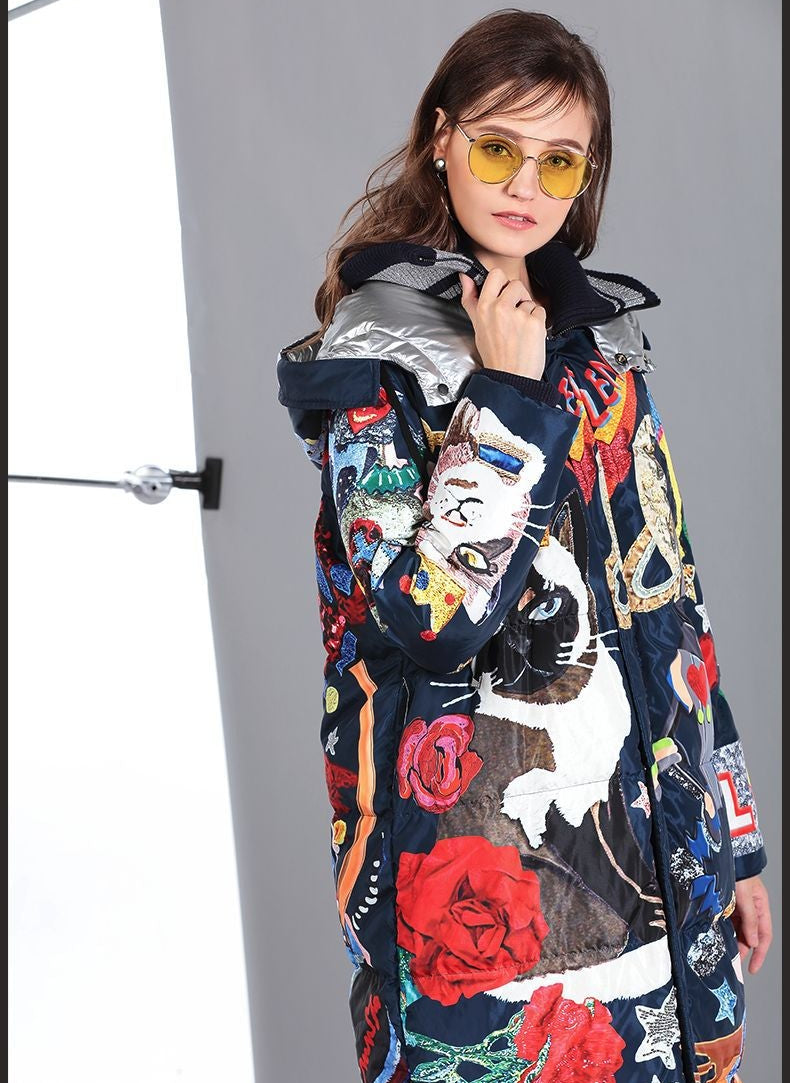 Printed Ribbed Collar Hooded Duck Down Overcoat